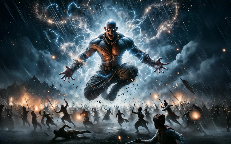 A powerful image of Ghatotkacha fighting fiercely in the Kurukshetra war, embodying his parents' strength