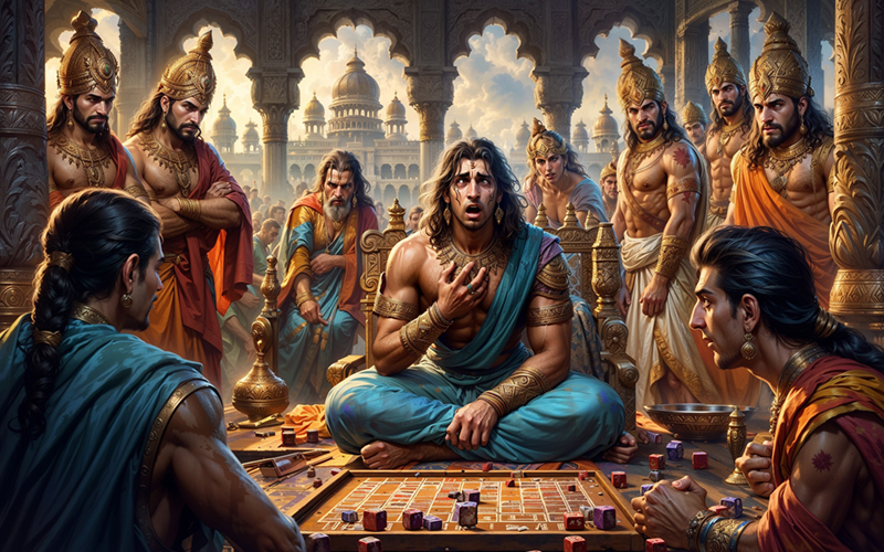 Dharmaraj Yudhishthira in the court of Hastinapura during the tragic game of dice in the Mahabharata.