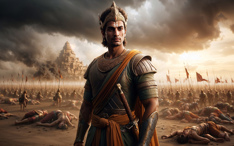 Dharmaraj Yudhishthira on the battlefield of Kurukshetra, reflecting on the hollow victory of the Mahabharata war.