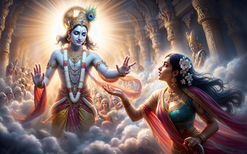 Draupadi prays to Lord Krishna in the court of Hastinapura, who miraculously protects her honor during the game of dice.