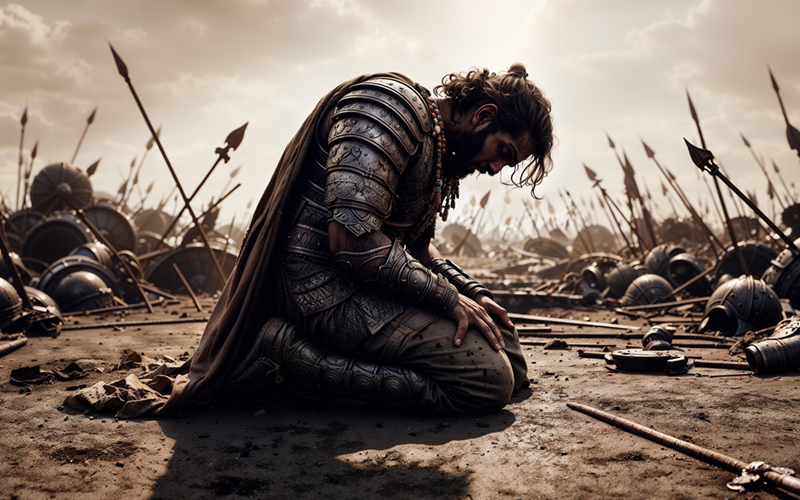 Dronacharya lays down his weapons in grief, his spirit broken during the Mahabharata war.