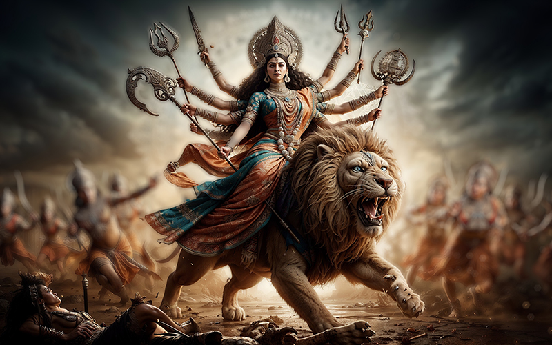 Goddess Durga slaying the buffalo demon Mahishasura, a symbol of the victory of good over evil