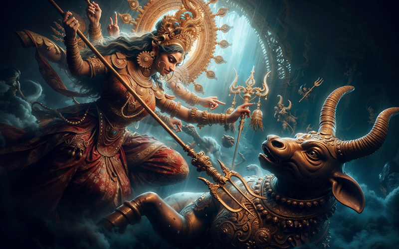 The Devas pleading with Brahma, Vishnu, and Shiva for help against Mahishasura's tyranny