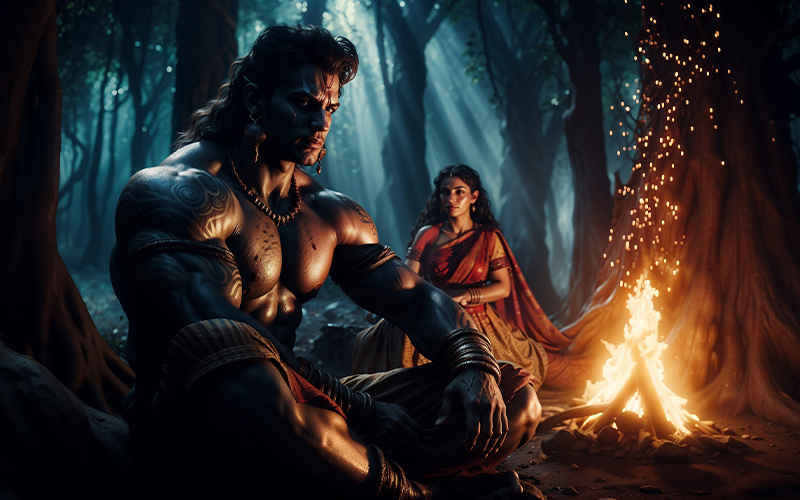 Hidimba, transformed into a beautiful woman, expresses her love for Bhima in the forest, a key moment in their Mahabharata love story.