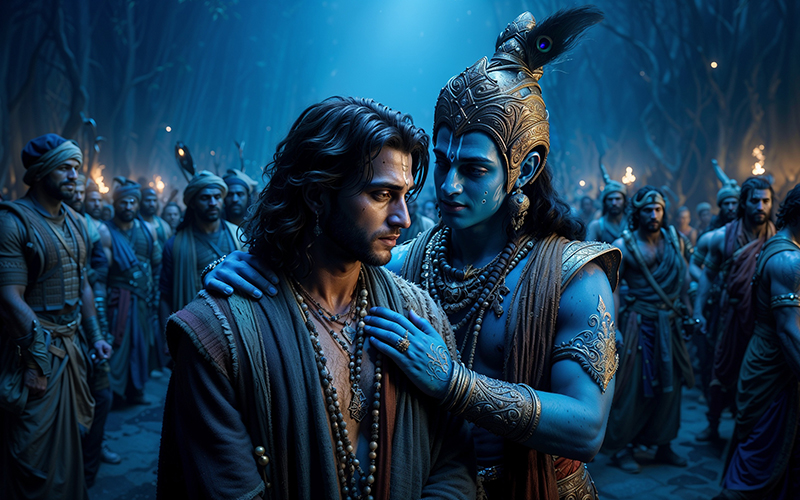 Lord Krishna consoles a grieving Arjuna after the death of Abhimanyu, offering divine guidance.