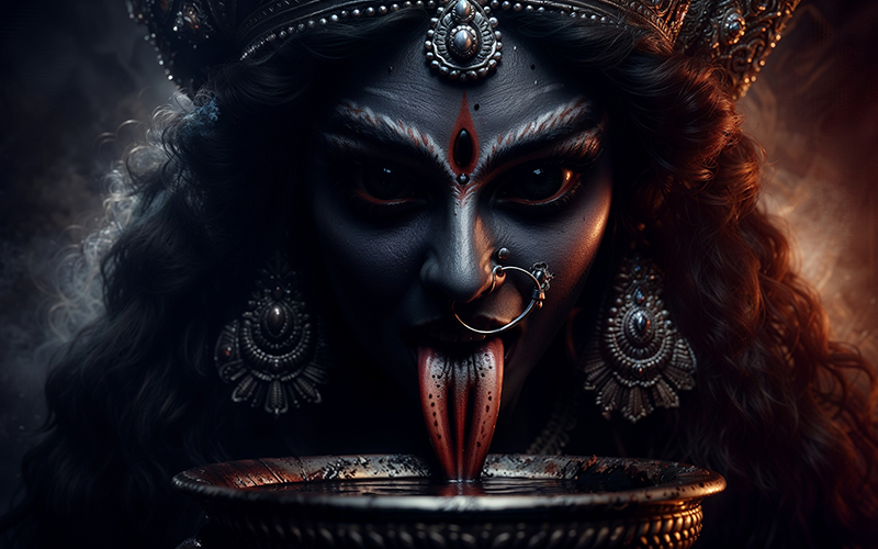 Ma Kali fiercely drinking the blood of the demon Raktabija to prevent him from multiplying on the battlefield.