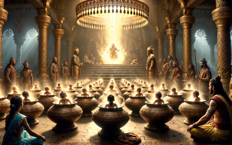 Sage Vyasa's divine intervention in the birth of the Kauravas from 101 clay pots in the Mahabharata.
