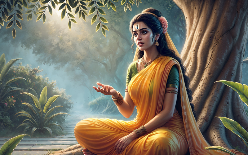 Sita confronts Ravana in the Ashoka Vatika, showing her unwavering faith in Lord Ram in the Ramayana.