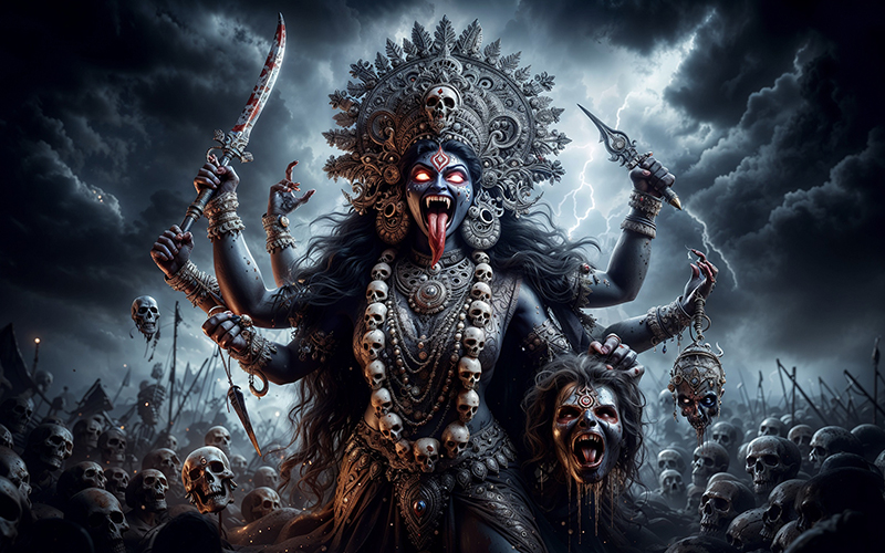 The birth of Goddess Kali from the third eye of Durga during the battle with demons in Hindu mythology.