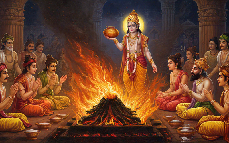 The divine being emerging from Dasharatha's Putra Kamesti Yajna with the sacred payasam, a key moment in the Ramayana.
