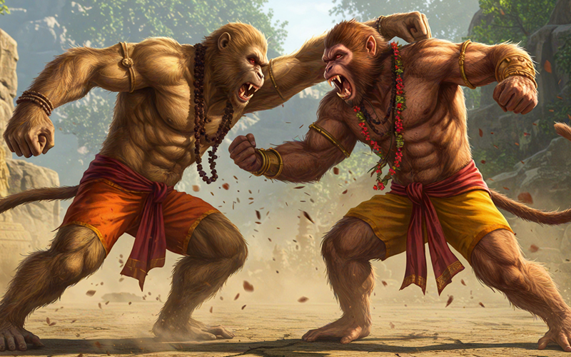 The epic battle between brothers Vali and Sugriva in the Ramayana's Kishkindha Kanda.