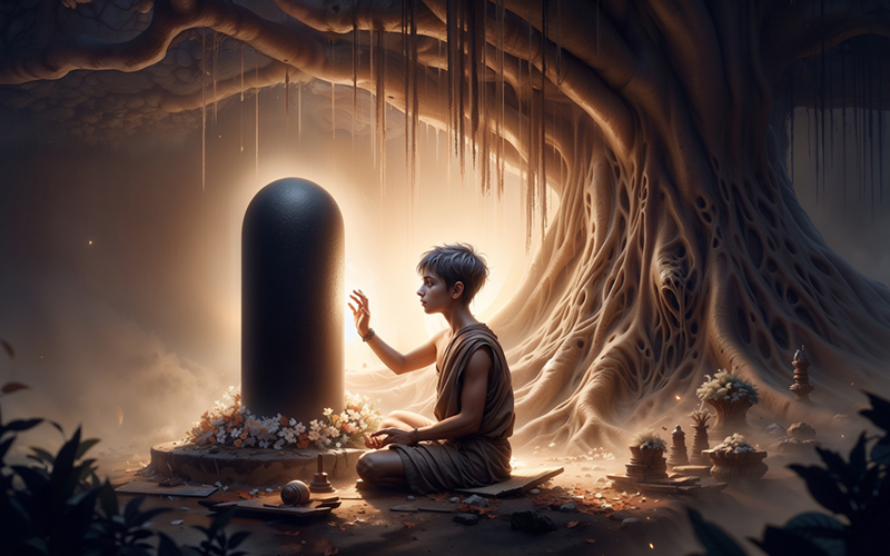 The young sage Markandeya in deep meditation before a Shiv Lingam, showcasing his devotion to Lord Shiva.