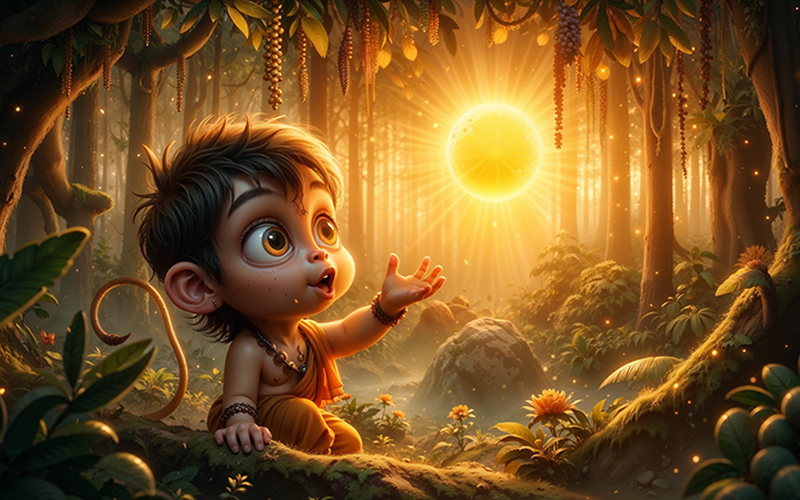 Young Lord Hanuman (Maruti) innocently reaching for the sun, thinking it's a fruit, in a famous childhood story.