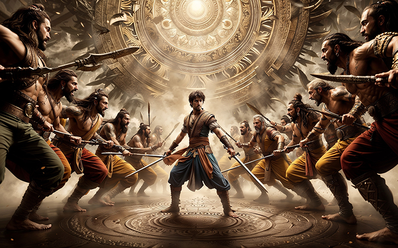he young warrior Abhimanyu fighting bravely inside the Chakravyuha formation in the Mahabharata
