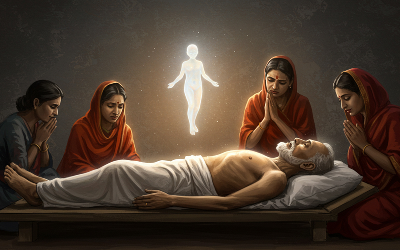 A serene, symbolic image of a soul, represented as a gentle light, peacefully leaving the body and ascending upwards.