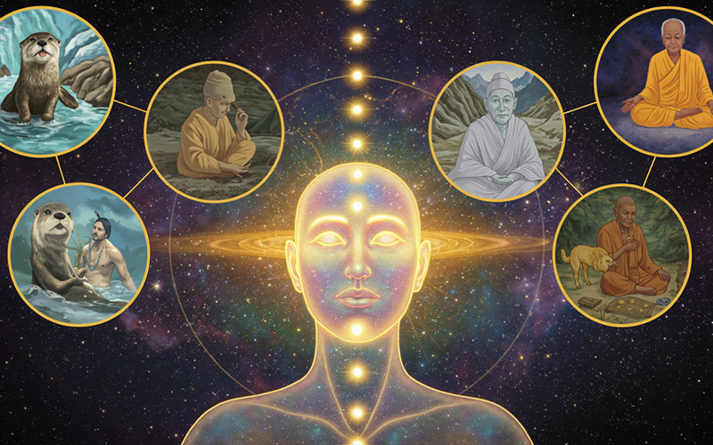 A symbolic image of a wheel of karma, showing different life forms (human, animal, plant) connected in a cycle.