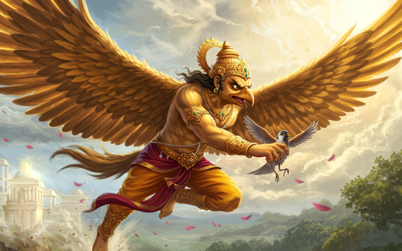 The mighty Garuda carrying a small sparrow to safety, a central scene in the story of fate and free will.